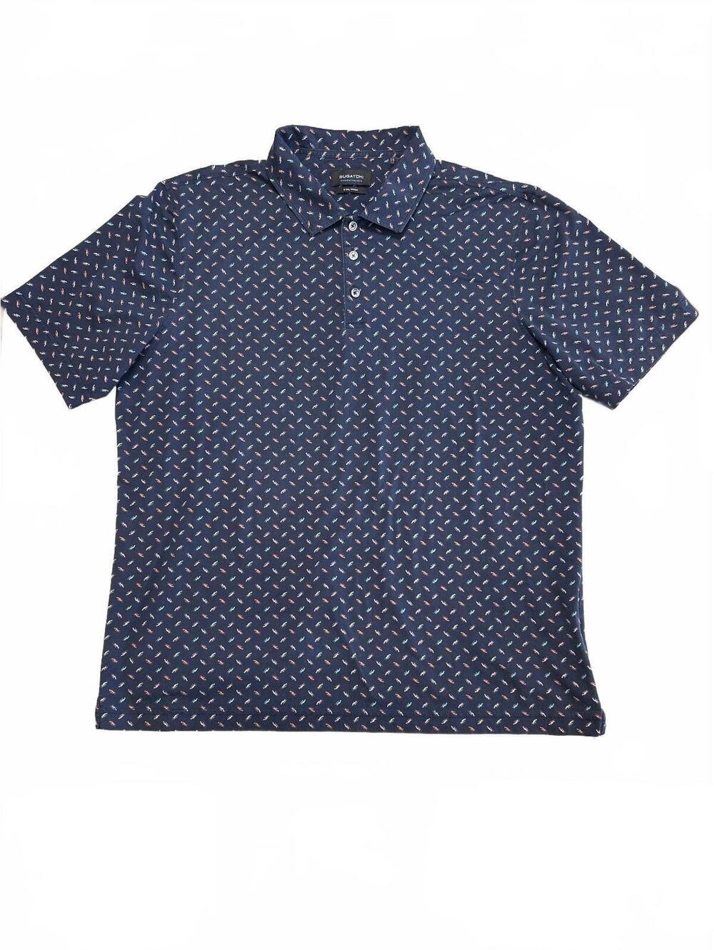 Bugatchi Men’s XL OoohCotton Polo Navy Blue Vintage Car Print 8\-Way Stretch